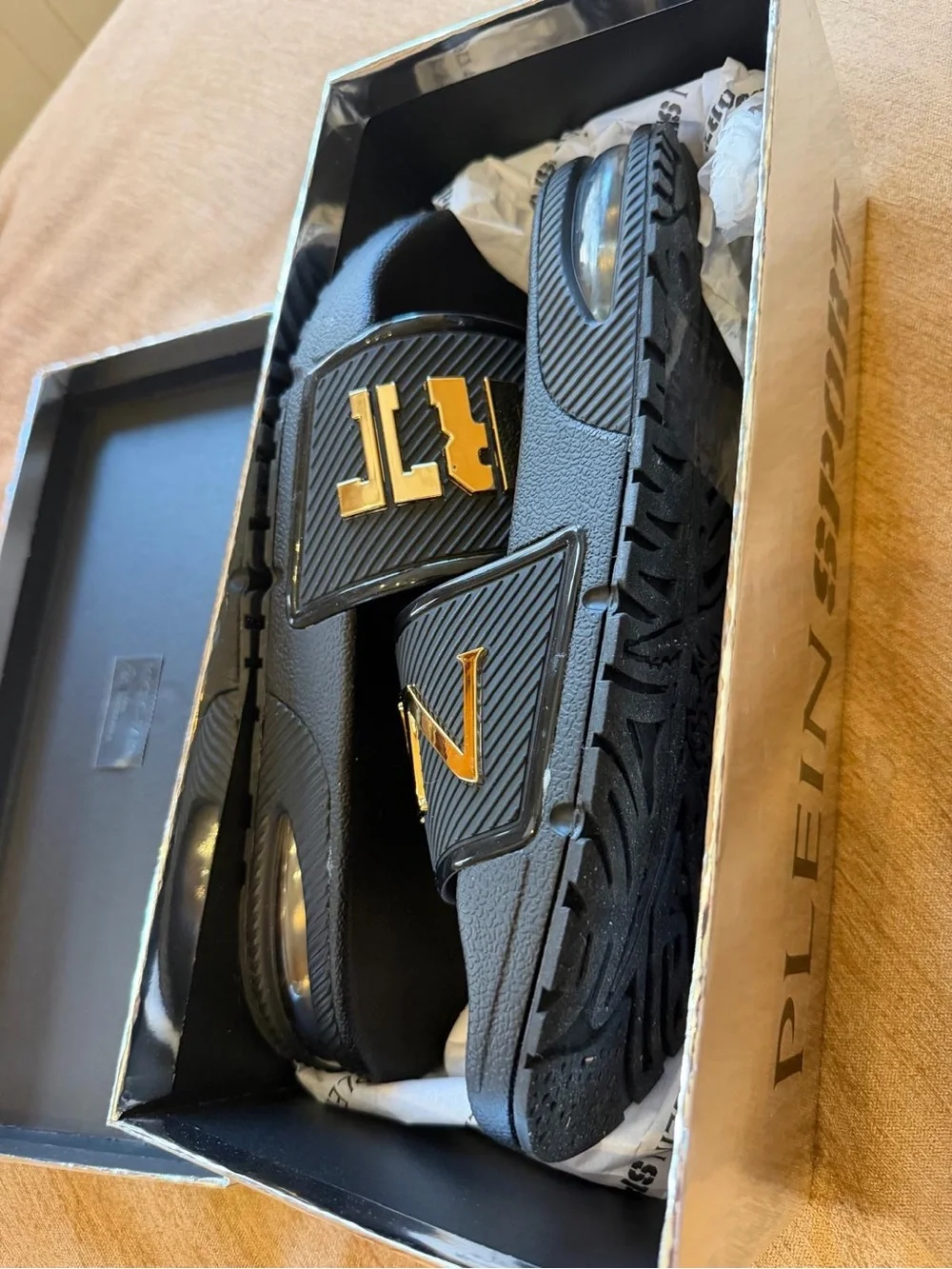 Plein Sport Black Slides with Gold Logo Accents